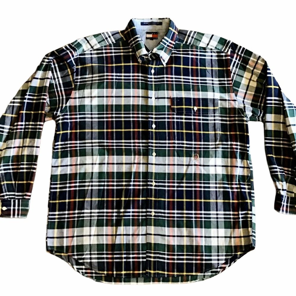 Tommy Hilfiger Men's Button Down Long Sleeve Blue Plaid Shirt - Tag Size LARGE